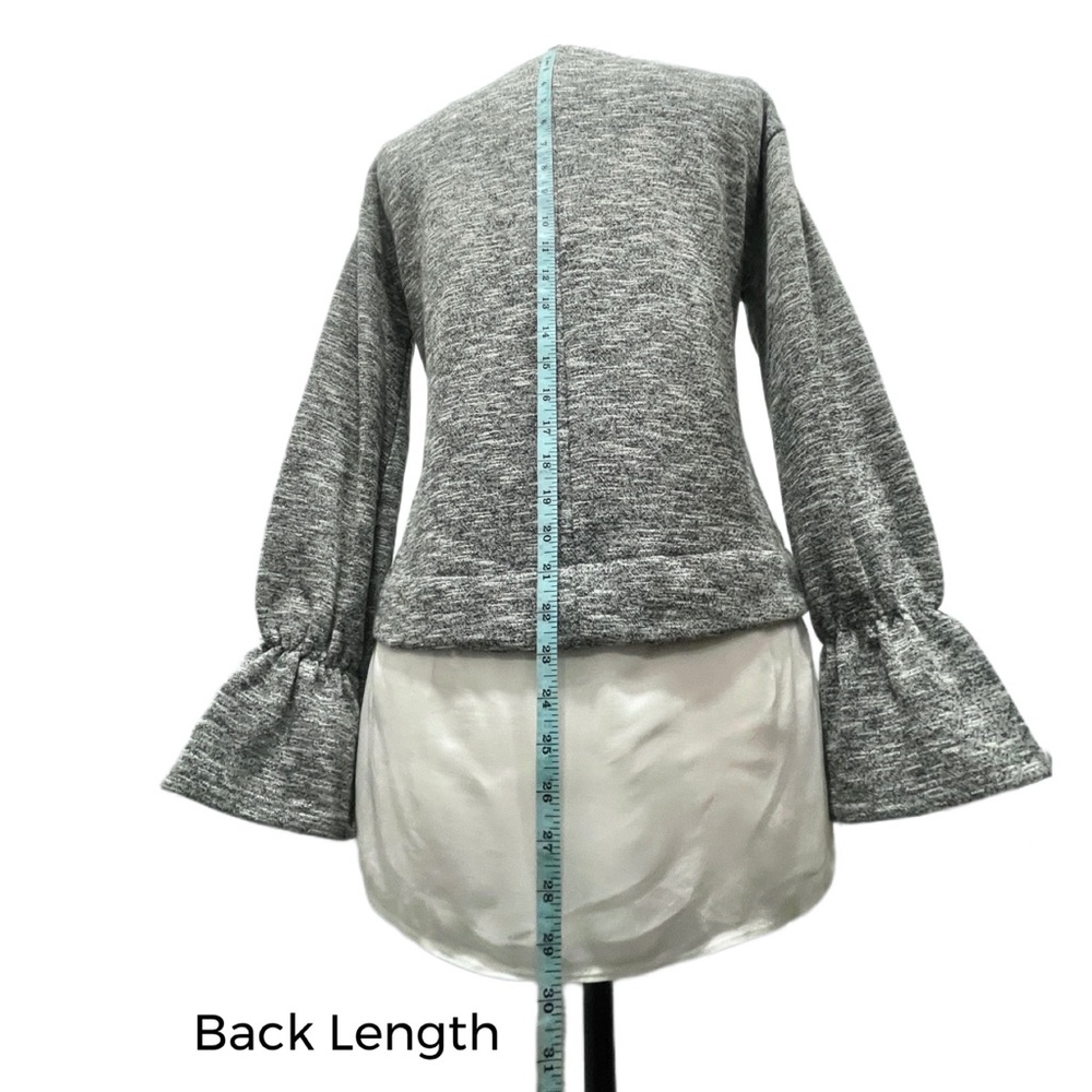 BCBGENERATION Heather Gray & White Mixed Media Long Sleeve Ruffle Cuff Blouse - Picture 11 of 12